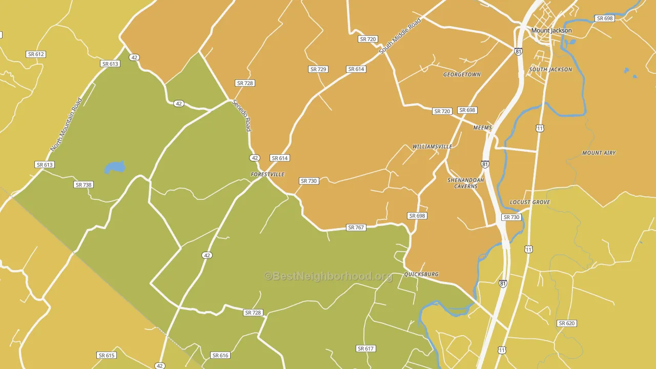 Map of the best neighborhoods in the Quicksburg area, with better matches in green and worse matches in red