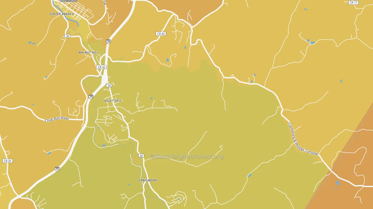 Map of the best neighborhoods in the Quiet Dell area, with better matches in green and worse matches in red