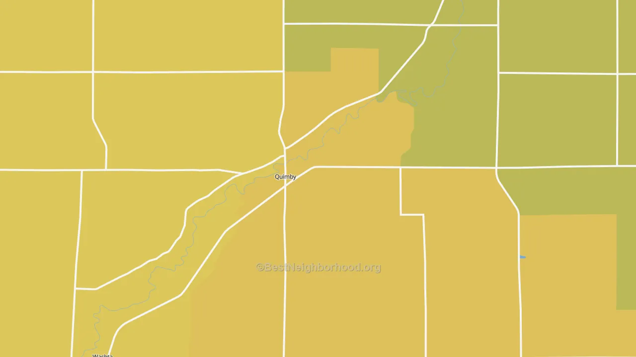 Map of the best neighborhoods in the Quimby area, with better matches in green and worse matches in red