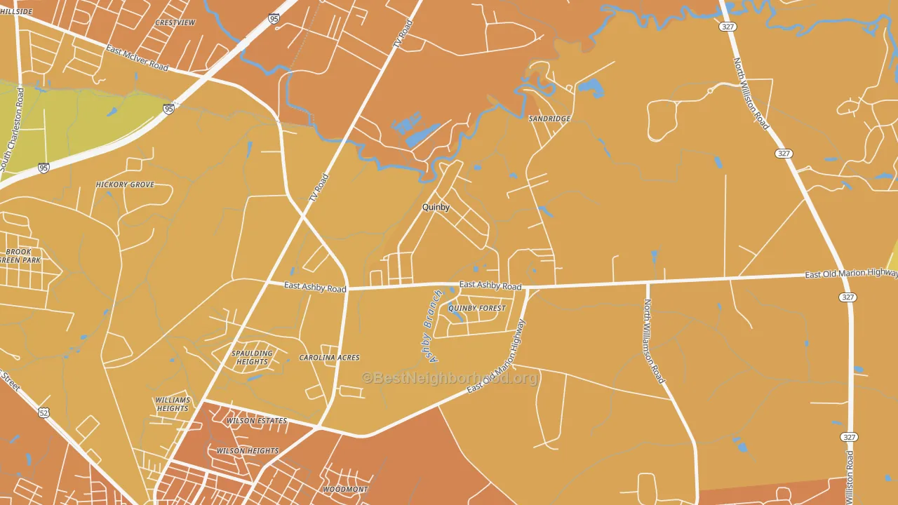 Map of the best neighborhoods in the Quinby area, with better matches in green and worse matches in red