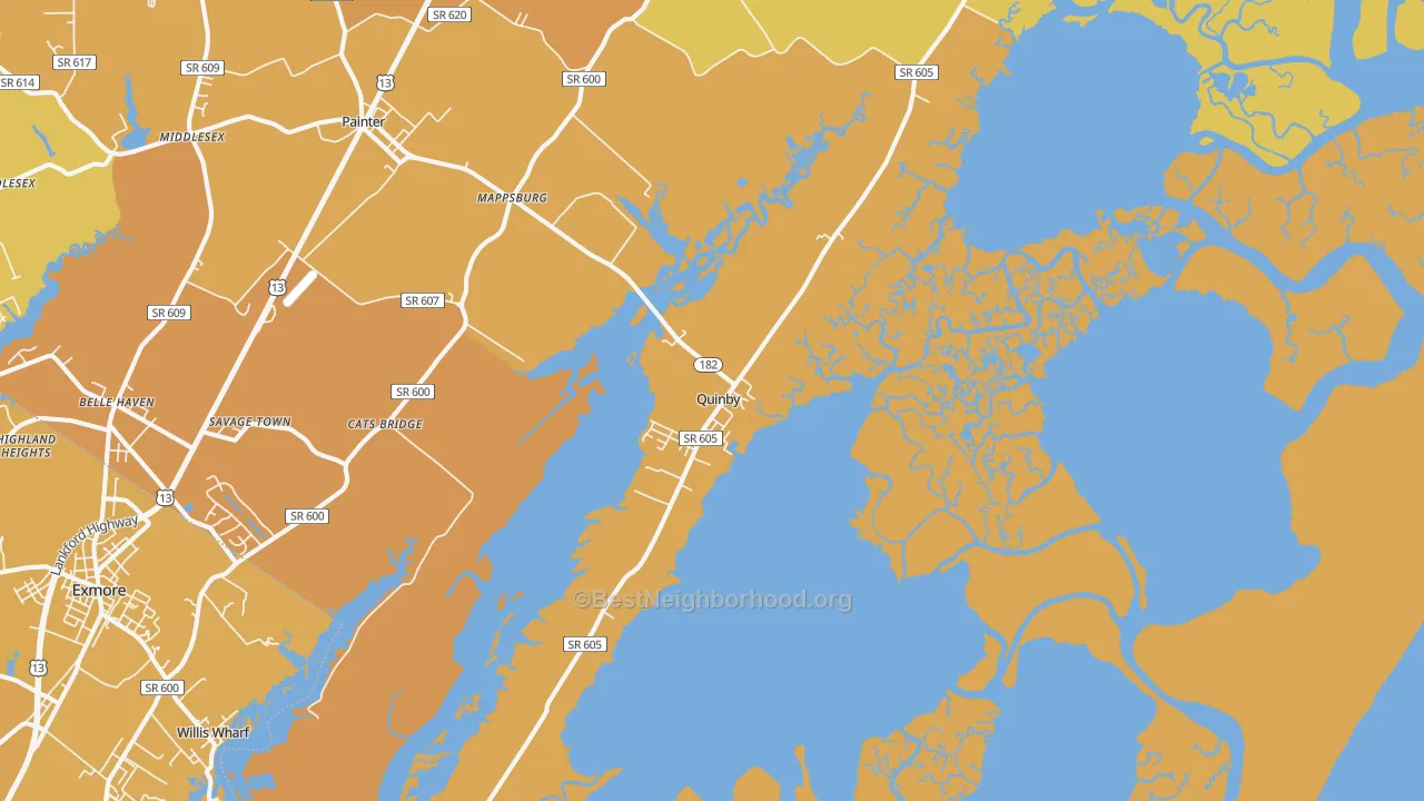 Map of the best neighborhoods in the Quinby area, with better matches in green and worse matches in red
