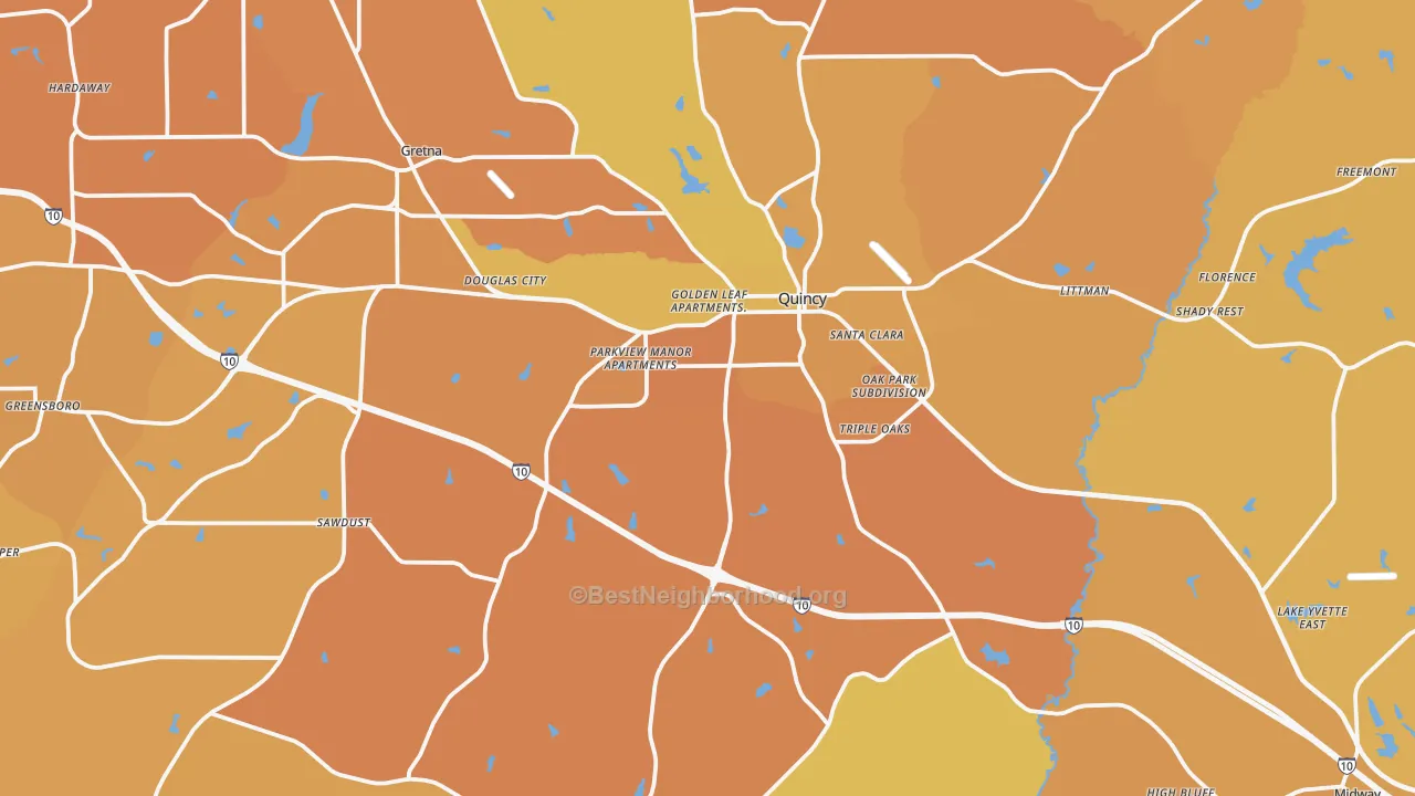 Map of the best neighborhoods in the Quincy area, with better matches in green and worse matches in red