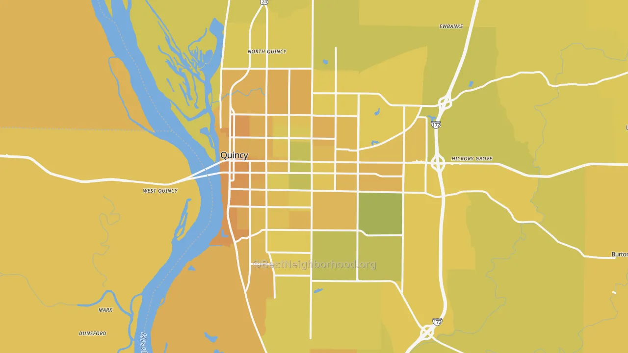 Map of the best neighborhoods in the Quincy area, with better matches in green and worse matches in red