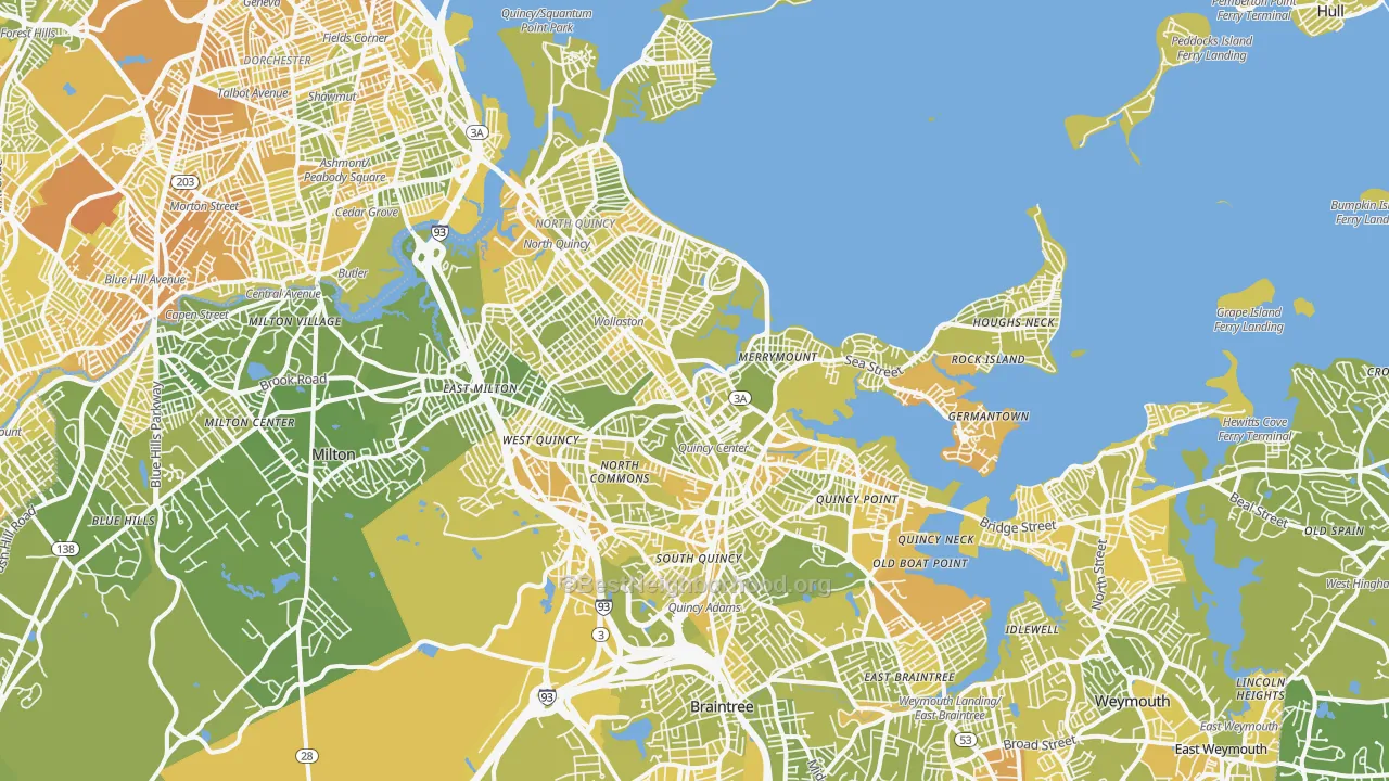 Map of the best neighborhoods in the Quincy area, with better matches in green and worse matches in red