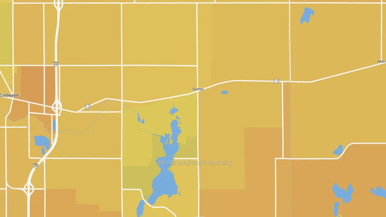 Map of the best neighborhoods in the Quincy area, with better matches in green and worse matches in red
