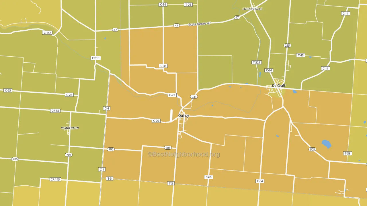Map of the best neighborhoods in the Quincy area, with better matches in green and worse matches in red