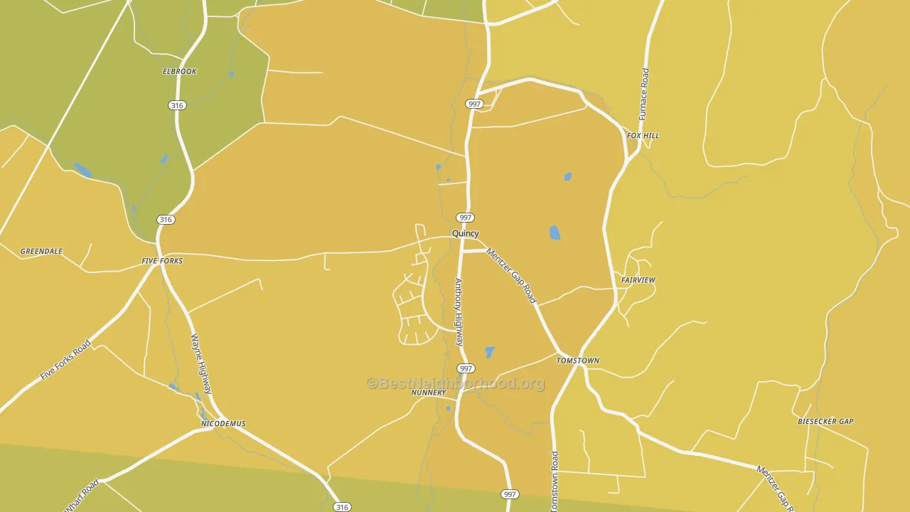 Map of the best neighborhoods in the Quincy area, with better matches in green and worse matches in red