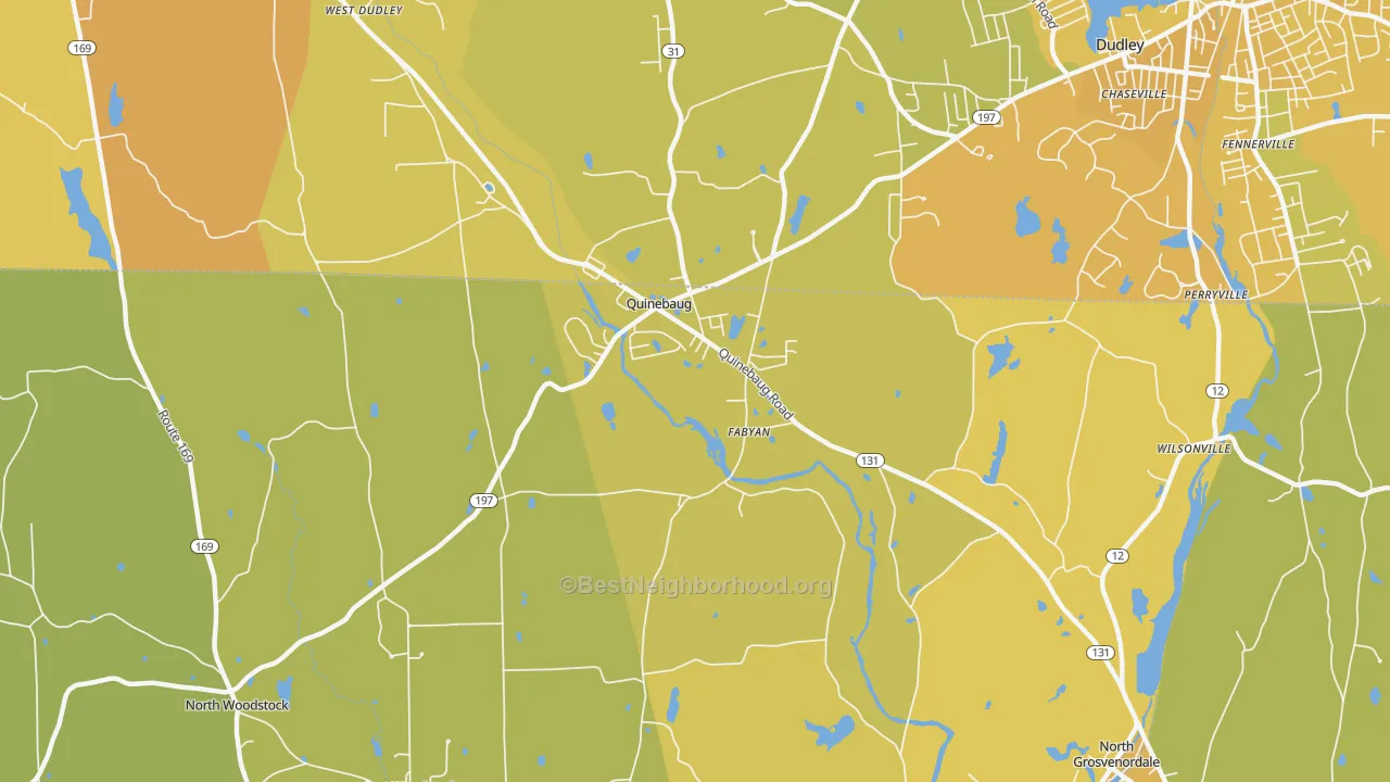 Map of the best neighborhoods in the Quinebaug area, with better matches in green and worse matches in red