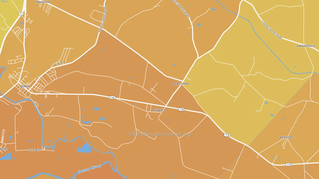 Map of the best neighborhoods in the Quinerly area, with better matches in green and worse matches in red