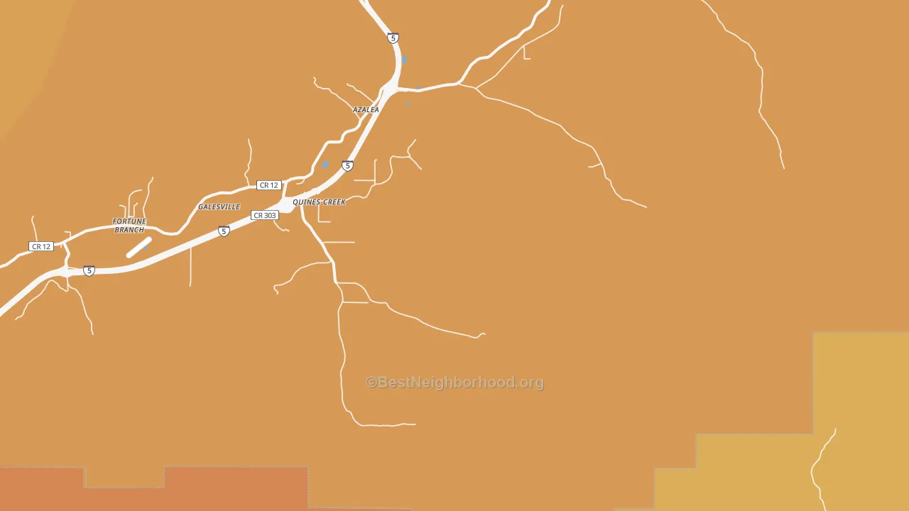 Map of the best neighborhoods in the Quines Creek area, with better matches in green and worse matches in red