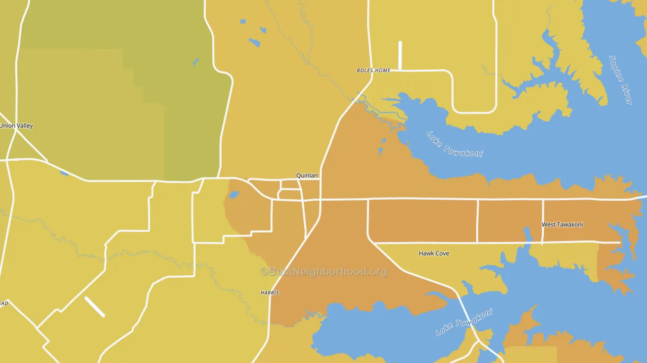 Map of the best neighborhoods in the Quinlan area, with better matches in green and worse matches in red