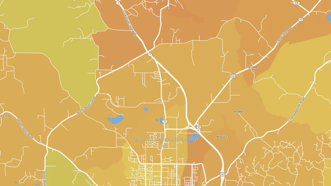 Map of the best neighborhoods in the Quinn area, with better matches in green and worse matches in red
