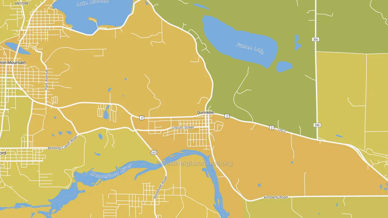 Map of the best neighborhoods in the Quinnesec area, with better matches in green and worse matches in red