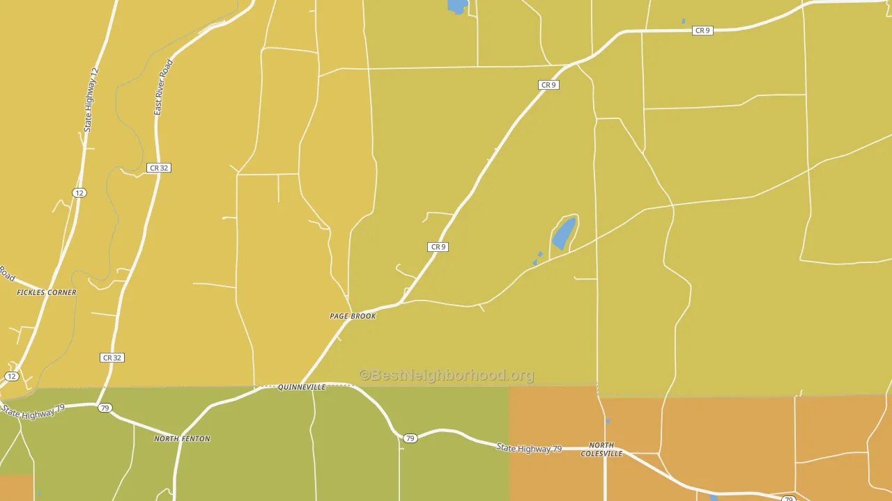 Map of the best neighborhoods in the Quinneville area, with better matches in green and worse matches in red
