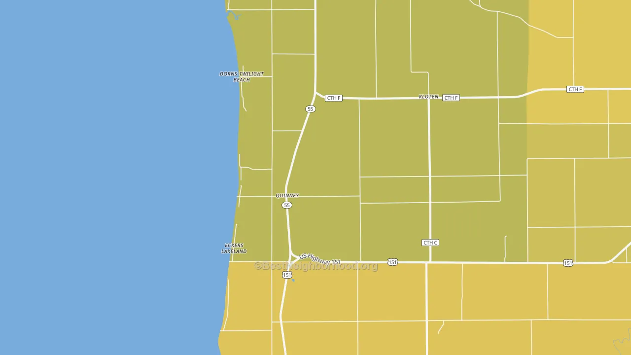 Map of the best neighborhoods in the Quinney area, with better matches in green and worse matches in red
