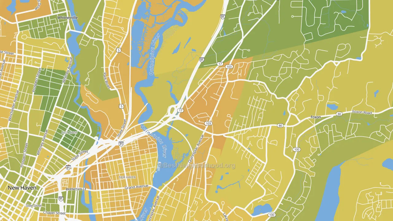 Map of the best neighborhoods in the Quinnipiac Meadows, New Haven area, with better matches in green and worse matches in red