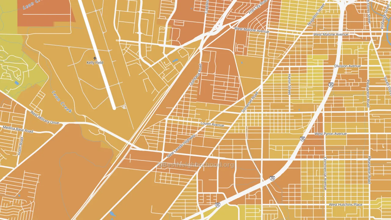 Map of the best neighborhoods in the Quintana Community, San Antonio area, with better matches in green and worse matches in red