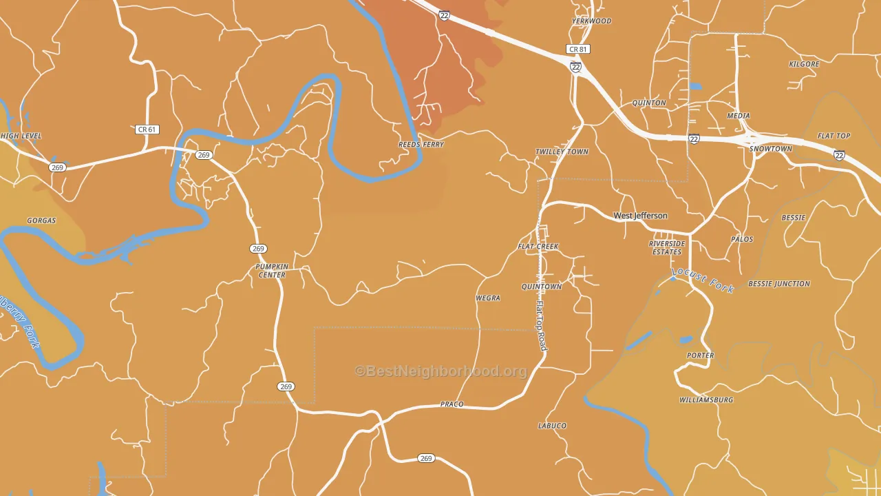 Map of the best neighborhoods in the Quinton area, with better matches in green and worse matches in red