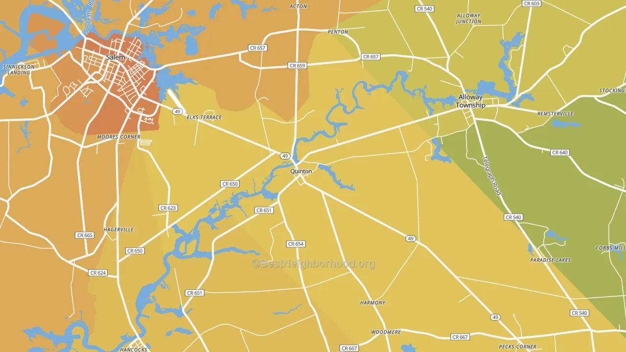 Map of the best neighborhoods in the Quinton area, with better matches in green and worse matches in red
