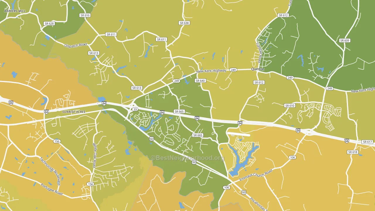 Map of the best neighborhoods in the Quinton area, with better matches in green and worse matches in red