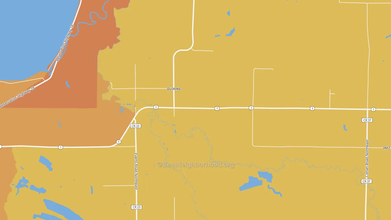 Map of the best neighborhoods in the Quiring area, with better matches in green and worse matches in red