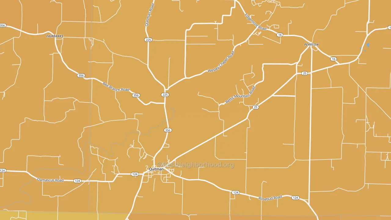 Map of the best neighborhoods in the Quitman area, with better matches in green and worse matches in red