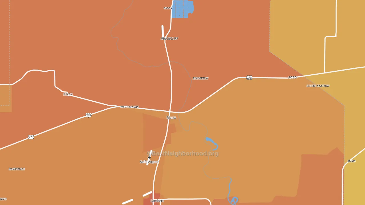 Map of the best neighborhoods in the Quitman County area, with better matches in green and worse matches in red