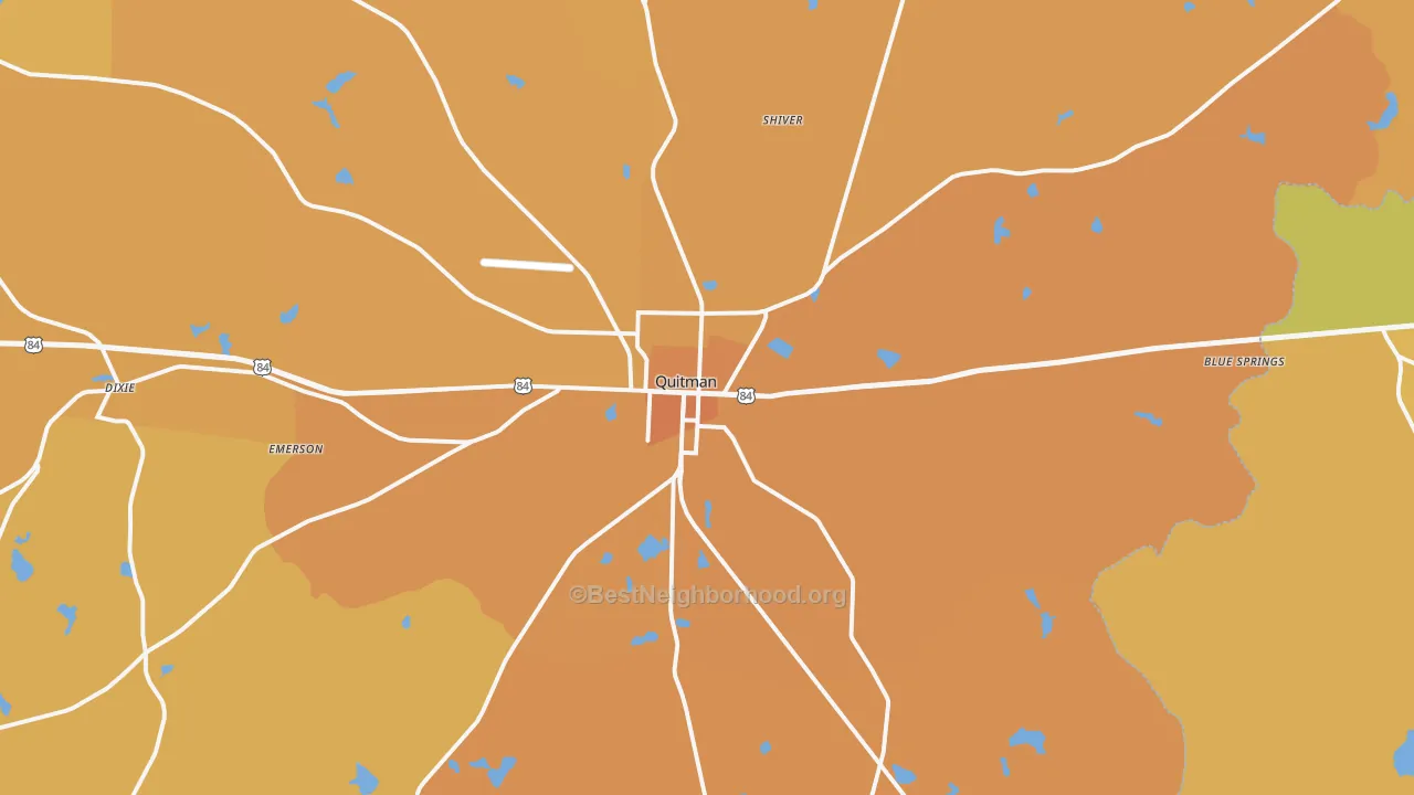 Map of the best neighborhoods in the Quitman area, with better matches in green and worse matches in red