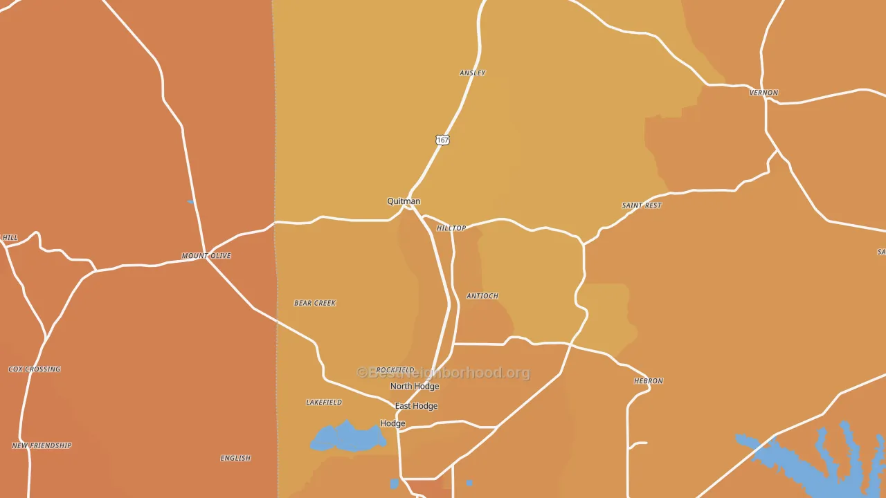 Map of the best neighborhoods in the Quitman area, with better matches in green and worse matches in red