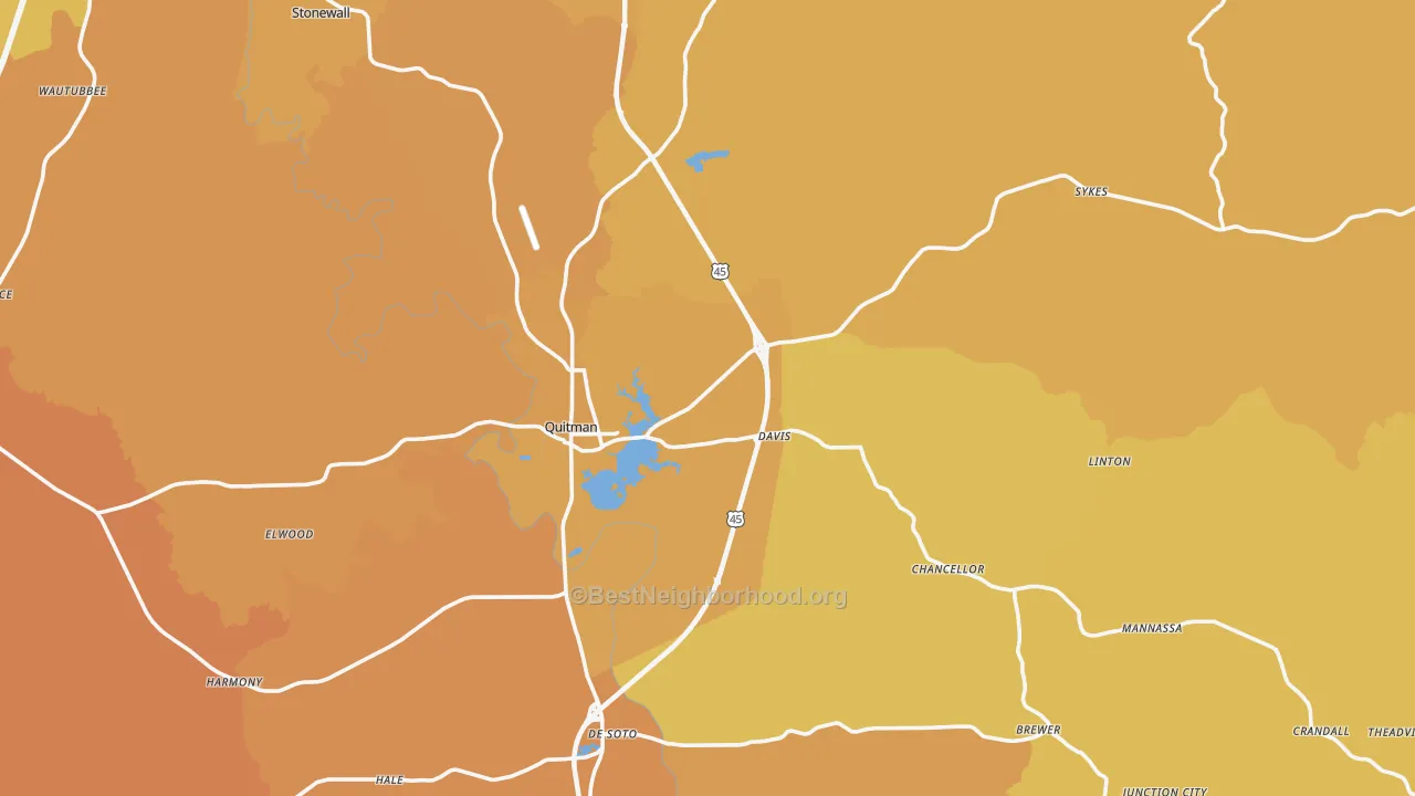 Map of the best neighborhoods in the Quitman area, with better matches in green and worse matches in red