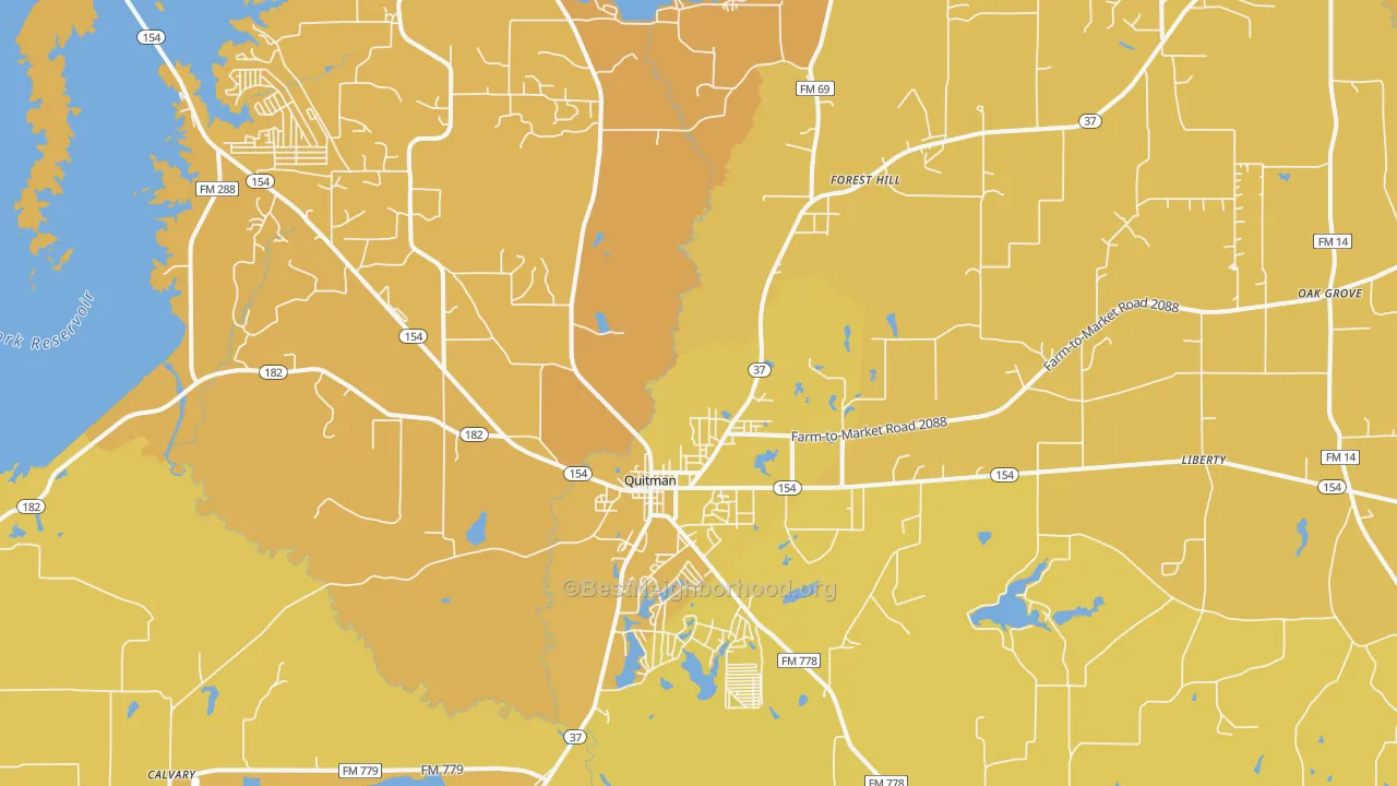 Map of the best neighborhoods in the Quitman area, with better matches in green and worse matches in red