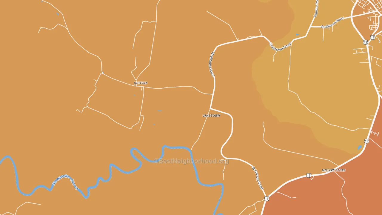 Map of the best neighborhoods in the Quitsna area, with better matches in green and worse matches in red