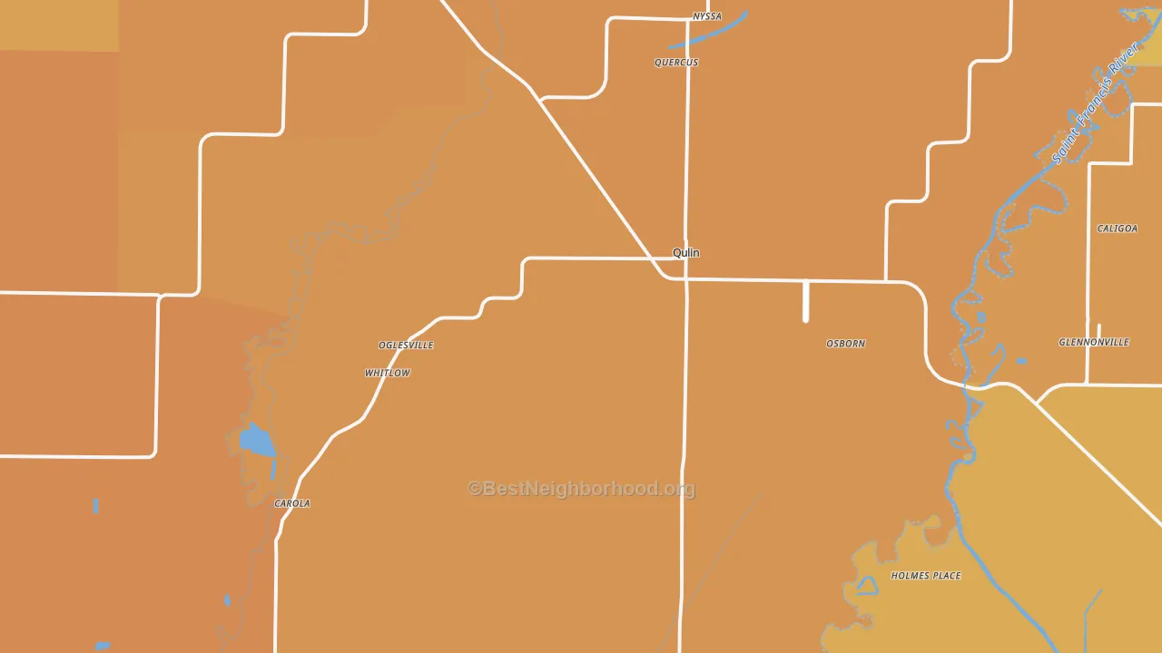 Map of the best neighborhoods in the Qulin area, with better matches in green and worse matches in red