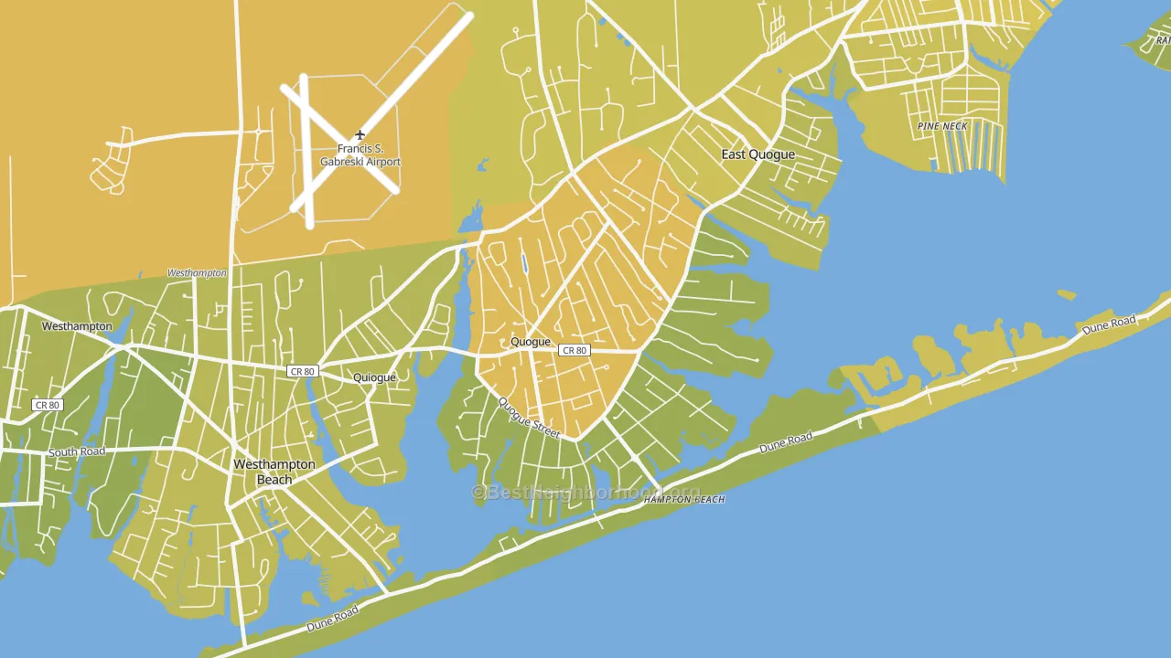 Map of the best neighborhoods in the Quogue area, with better matches in green and worse matches in red