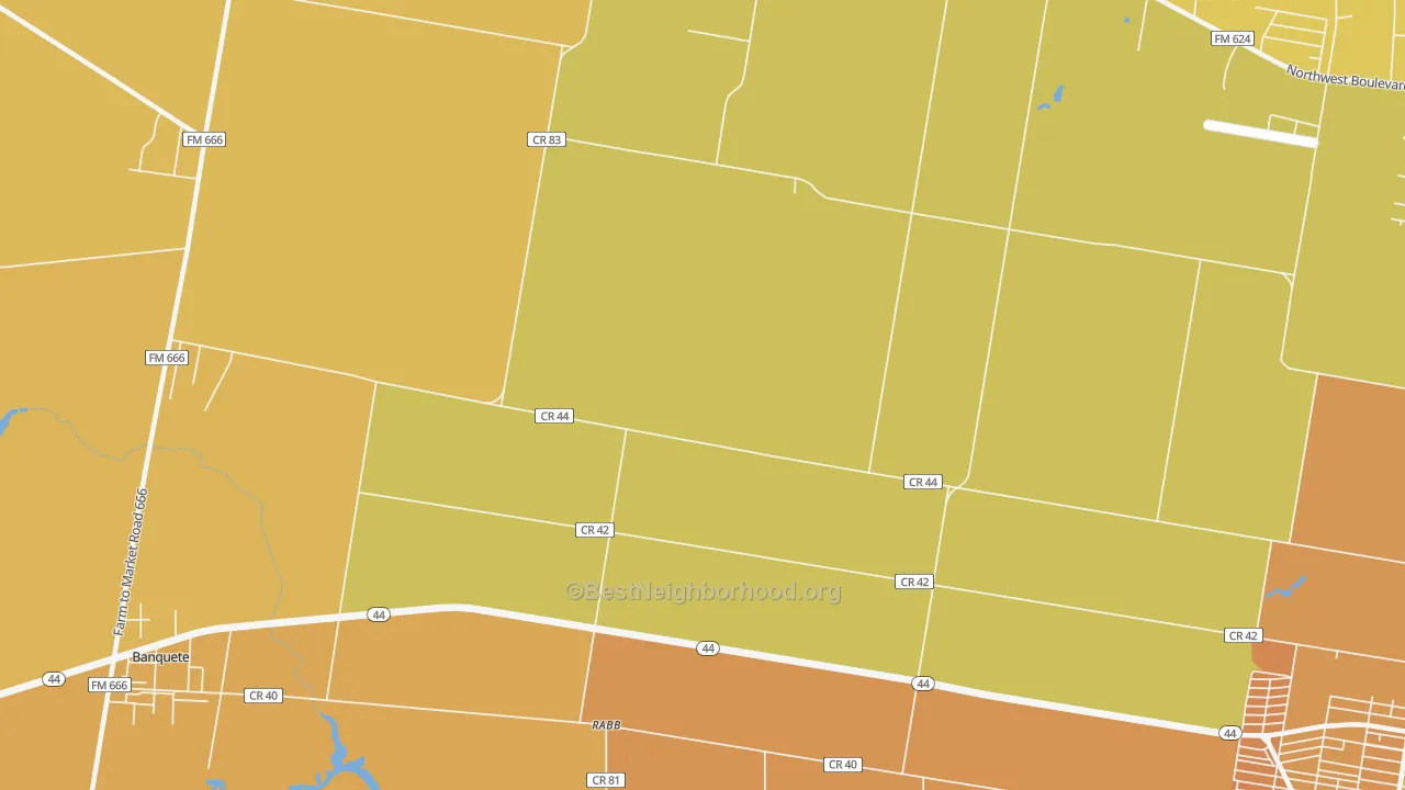 Map of the best neighborhoods in the Rabb area, with better matches in green and worse matches in red