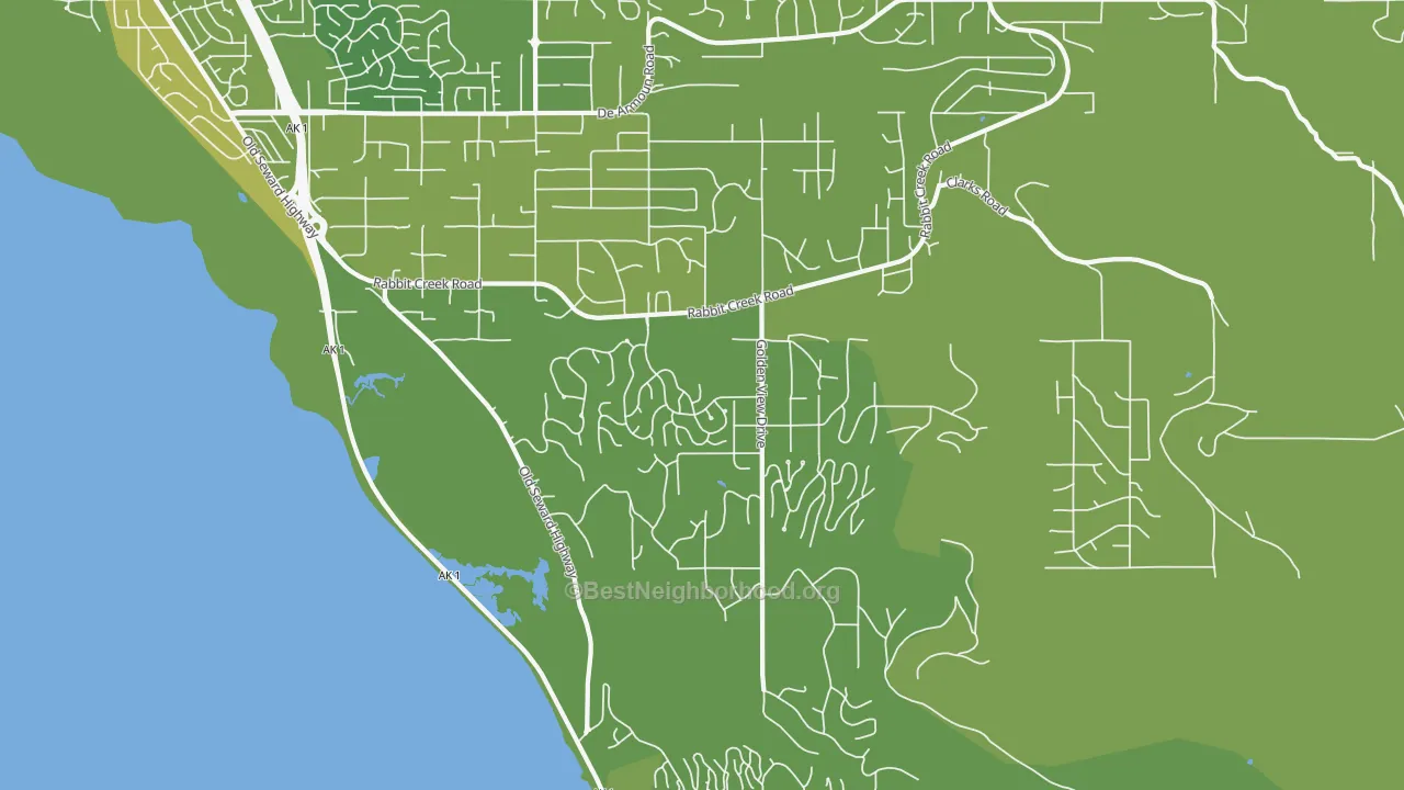 Map of the best neighborhoods in the Rabbit Creek, Anchorage area, with better matches in green and worse matches in red