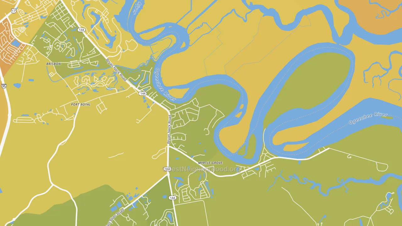 Map of the best neighborhoods in the Rabbit Hill area, with better matches in green and worse matches in red