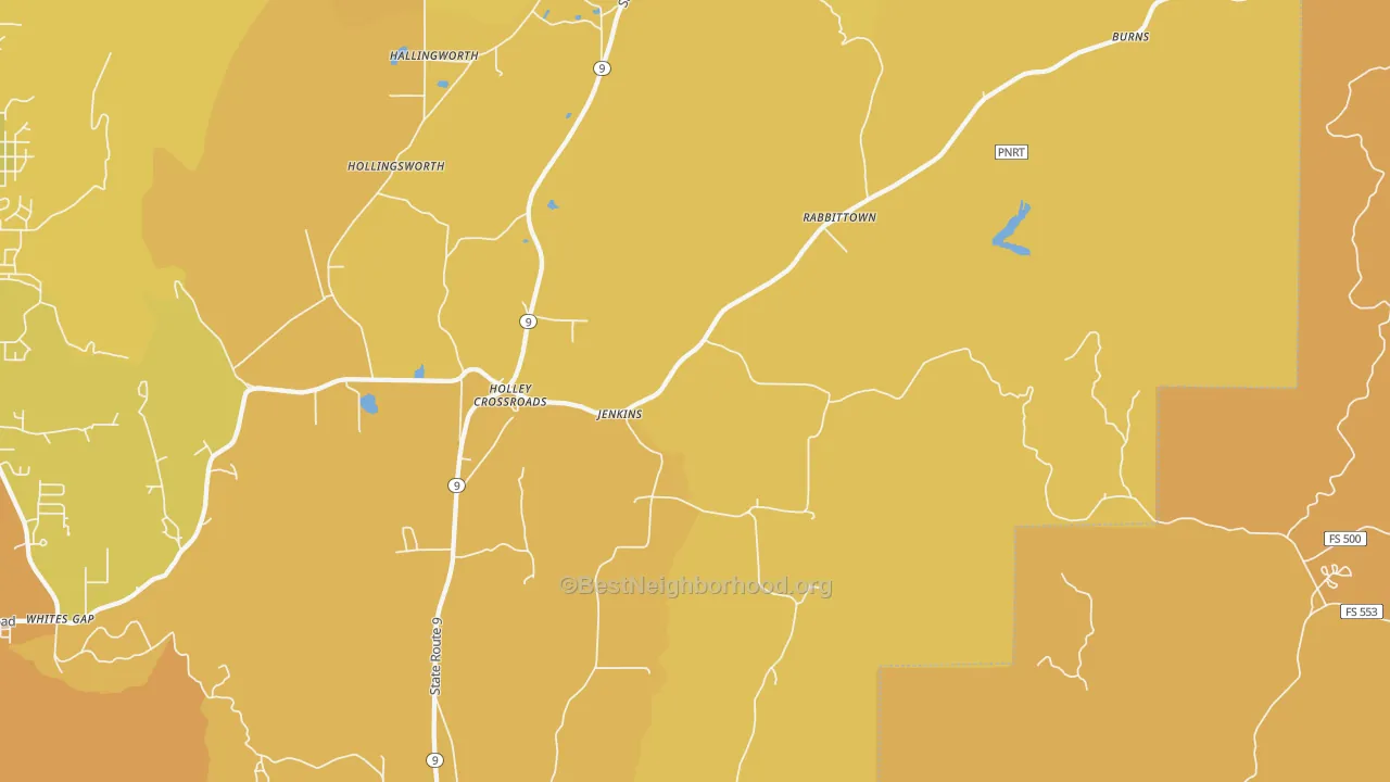 Map of the best neighborhoods in the Rabbittown area, with better matches in green and worse matches in red