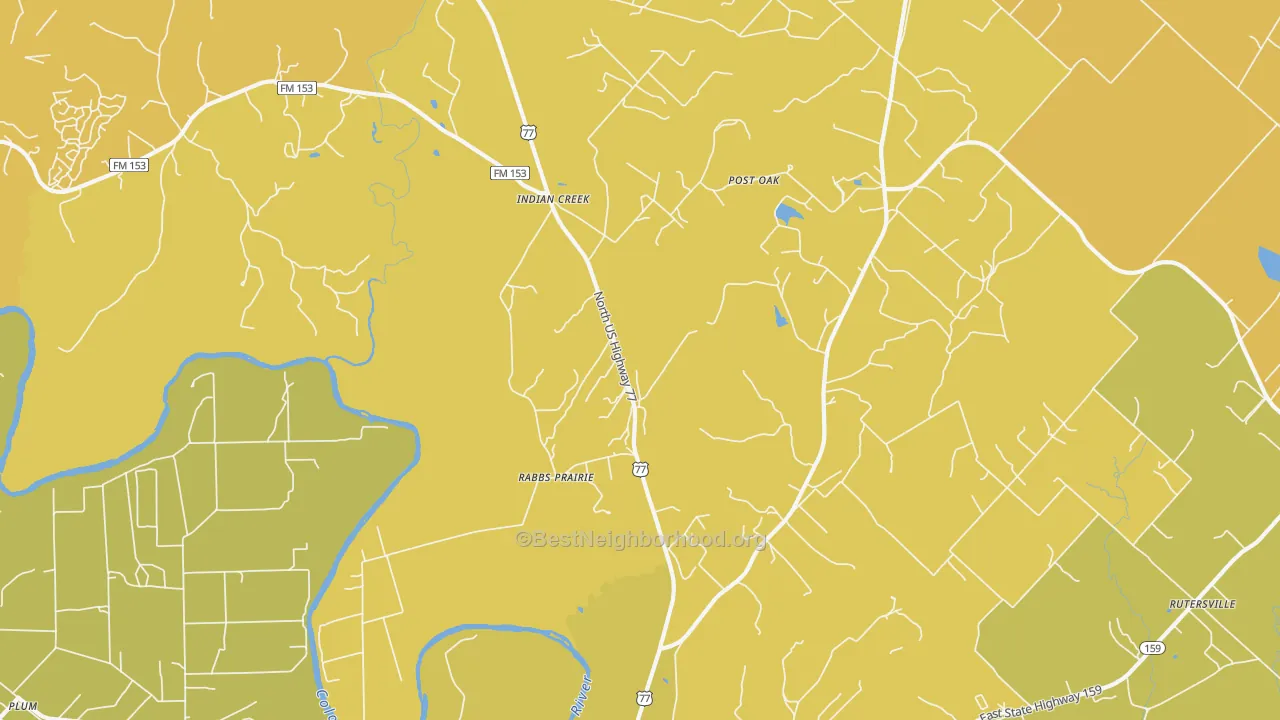 Map of the best neighborhoods in the Rabbs Prairie area, with better matches in green and worse matches in red