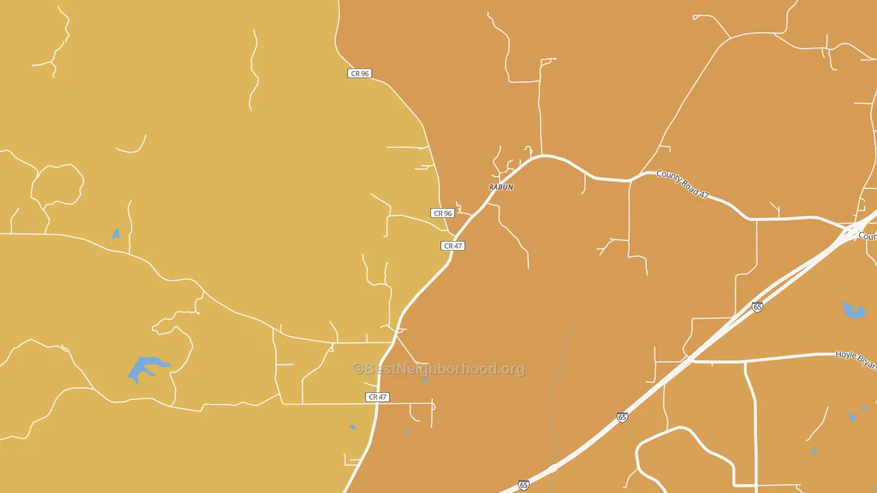 Map of the best neighborhoods in the Rabun area, with better matches in green and worse matches in red