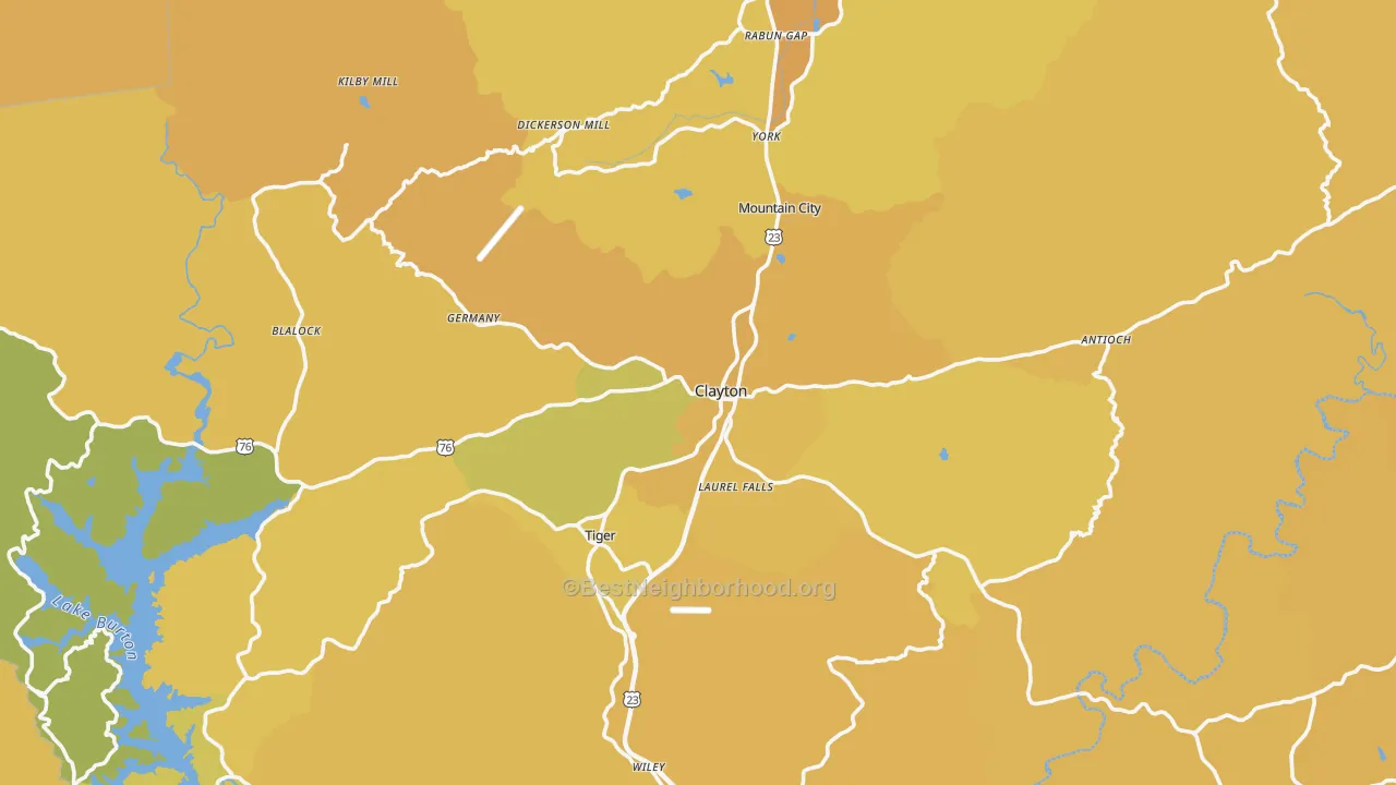 Map of the best neighborhoods in the Rabun County area, with better matches in green and worse matches in red