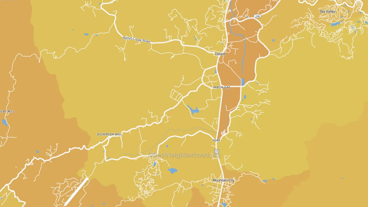 Map of the best neighborhoods in the Rabun Gap area, with better matches in green and worse matches in red