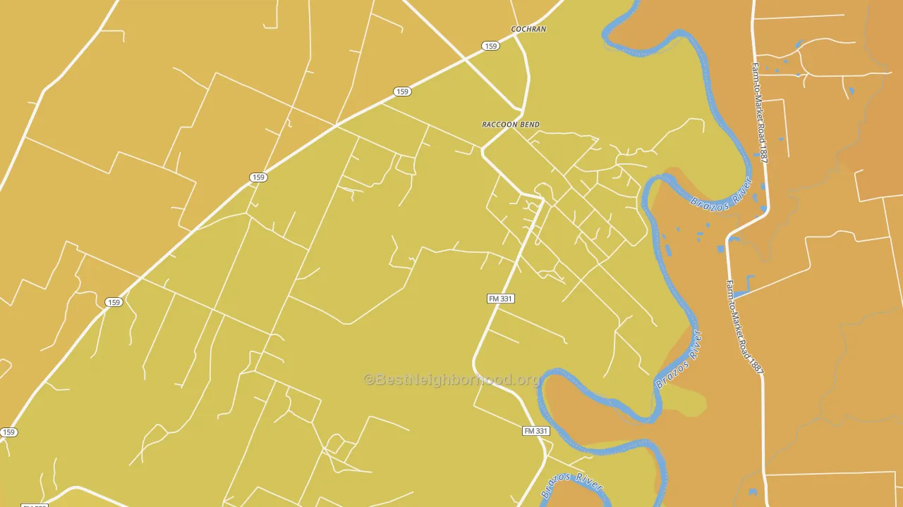 Map of the best neighborhoods in the Raccoon Bend area, with better matches in green and worse matches in red