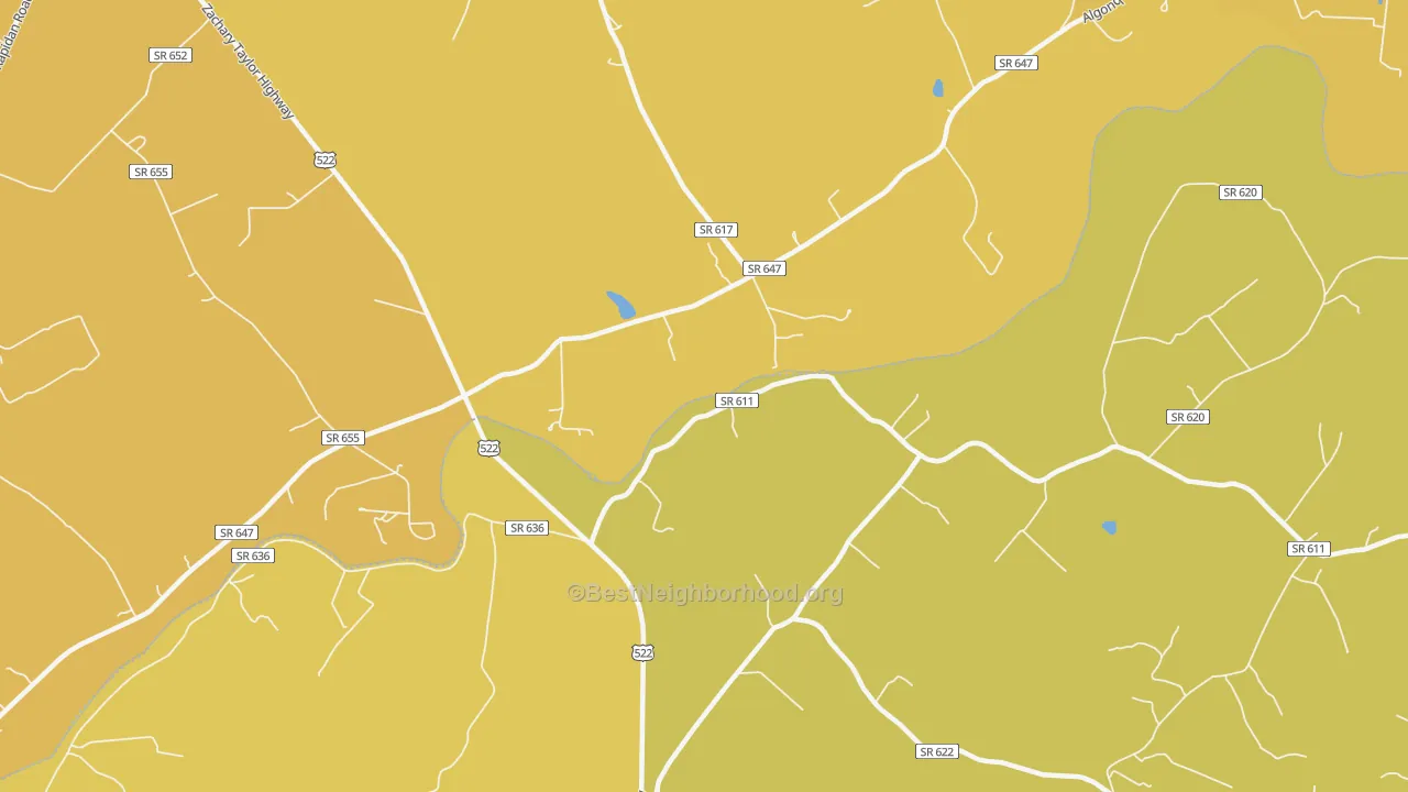 Map of the best neighborhoods in the Raccoon Ford area, with better matches in green and worse matches in red