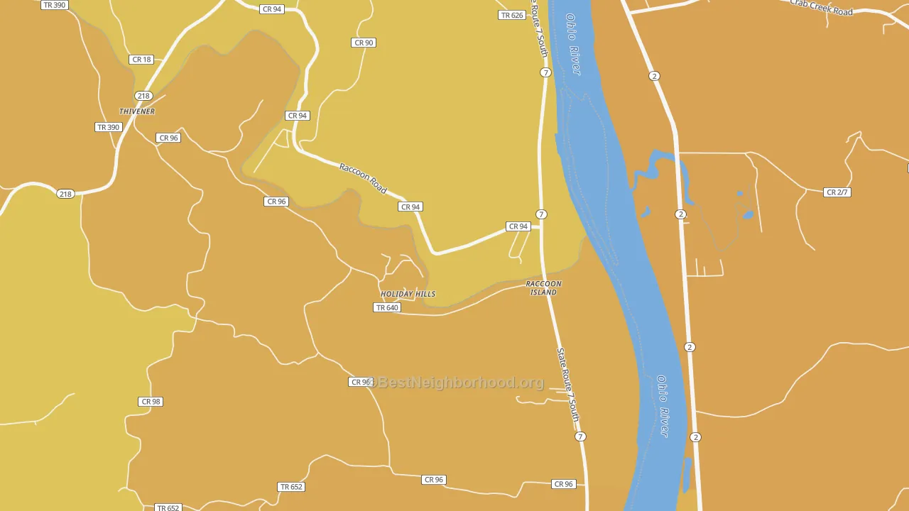 Map of the best neighborhoods in the Raccoon Island area, with better matches in green and worse matches in red