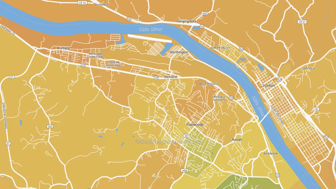 Map of the best neighborhoods in the Raceland area, with better matches in green and worse matches in red