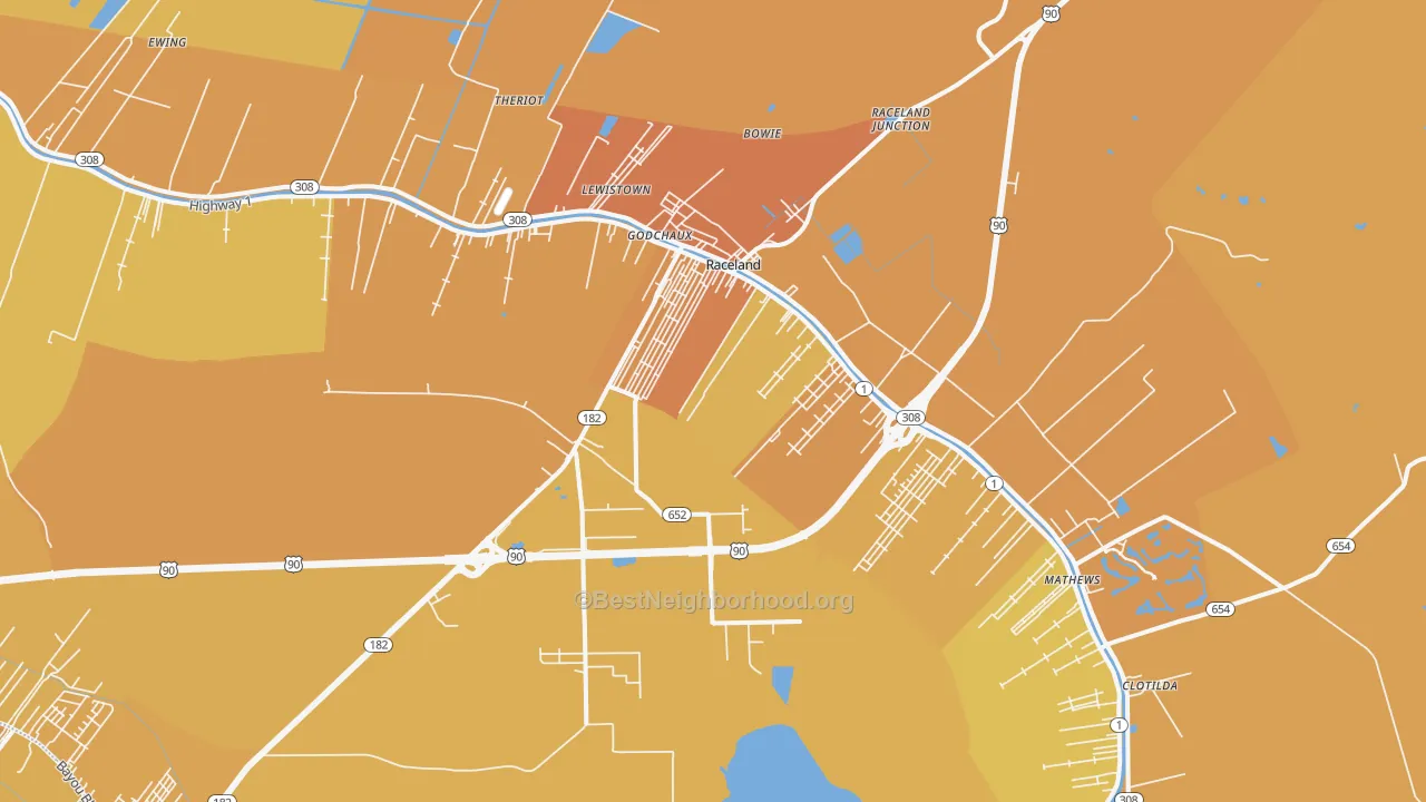 Map of the best neighborhoods in the Raceland area, with better matches in green and worse matches in red
