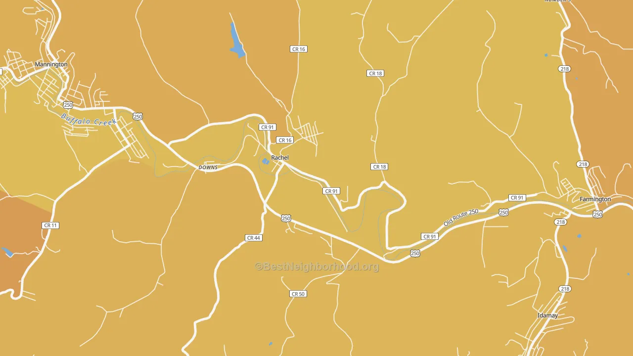 Map of the best neighborhoods in the Rachel area, with better matches in green and worse matches in red