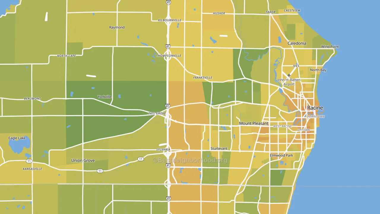 Map of the best neighborhoods in the Racine County area, with better matches in green and worse matches in red