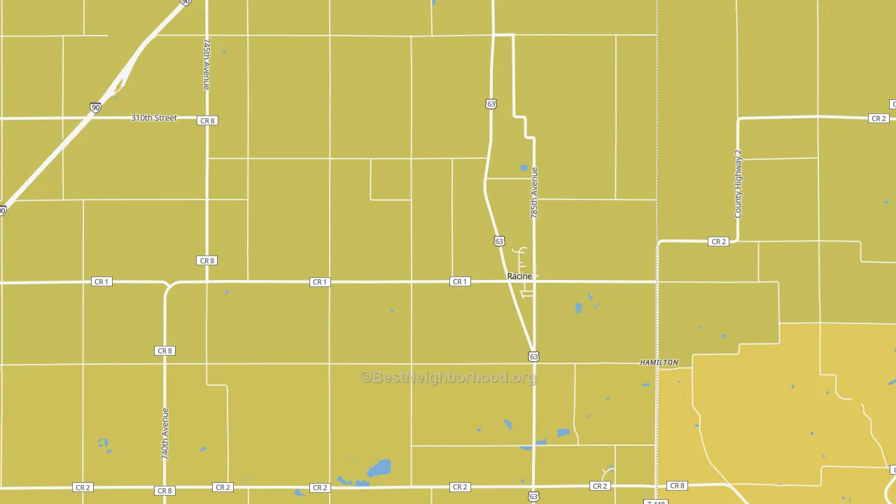 Map of the best neighborhoods in the Racine area, with better matches in green and worse matches in red